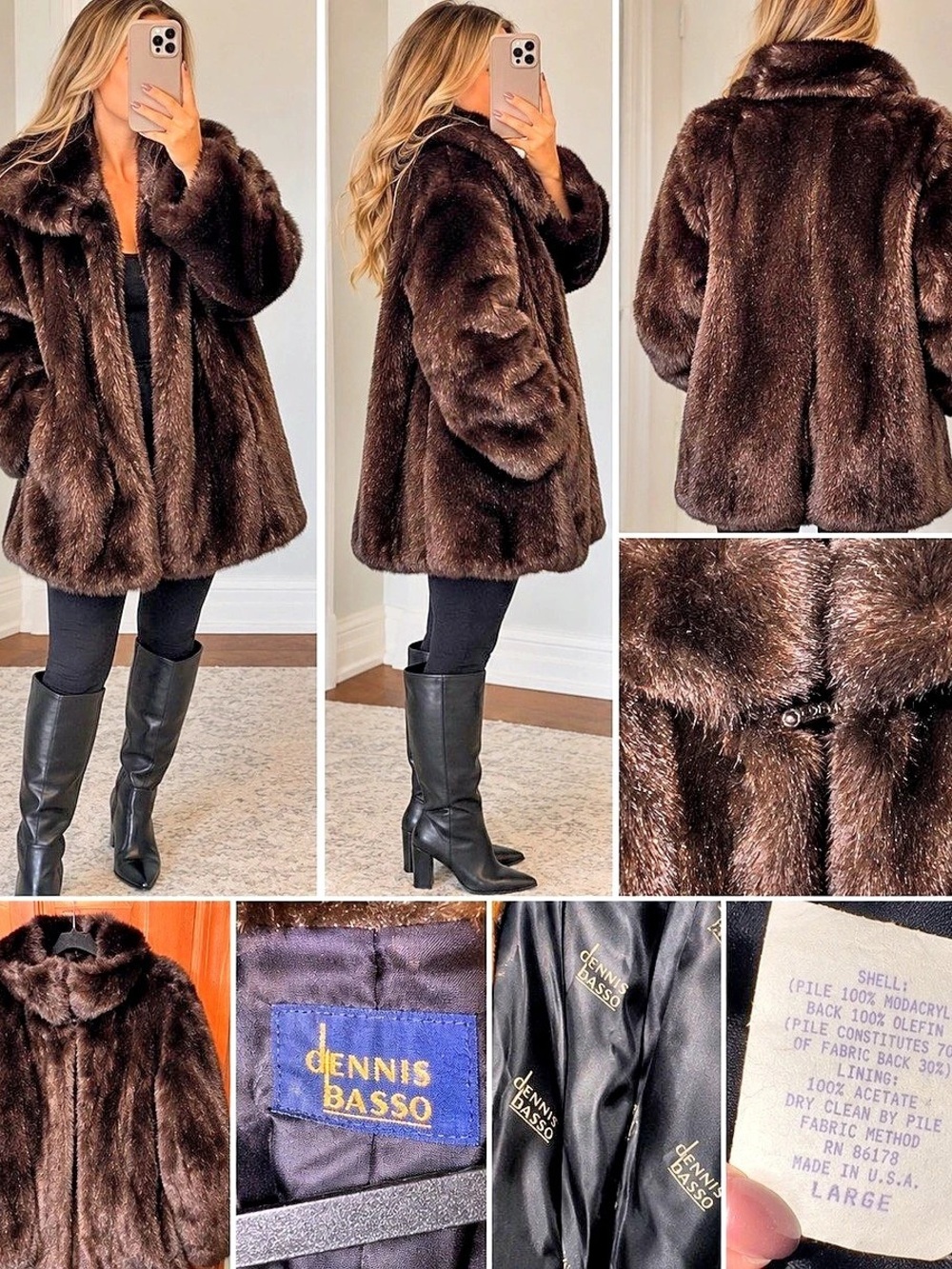 Dennis Basso Brown Faux Fur Mink Look Coat Women’s Large Vintage Made in USA